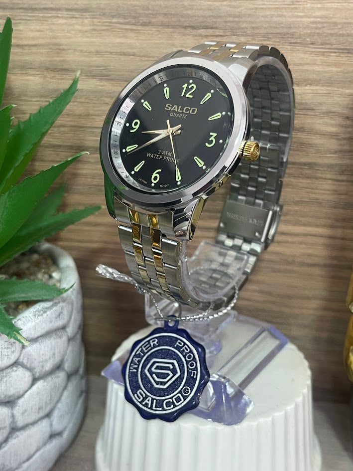 RELOJ SALCO BICOLOR ESFERA NEGRA NUMEROS FLUORECENTES