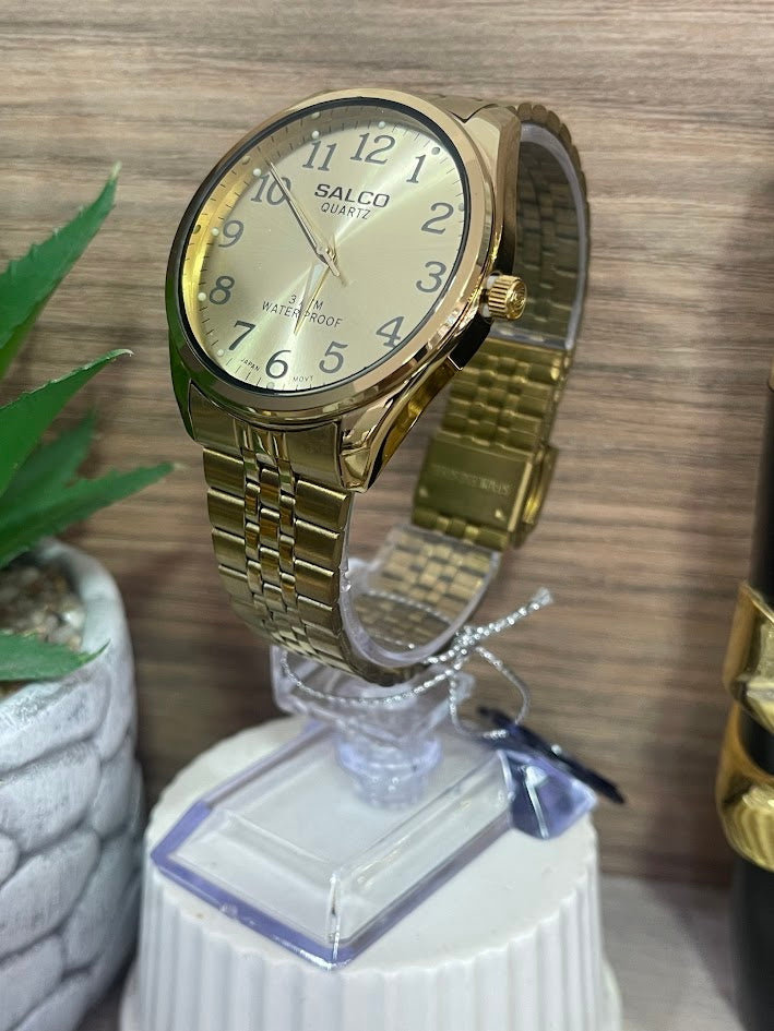 RELOJ SALCO CABALLERO DORADO NUMEROS COMPLETOS