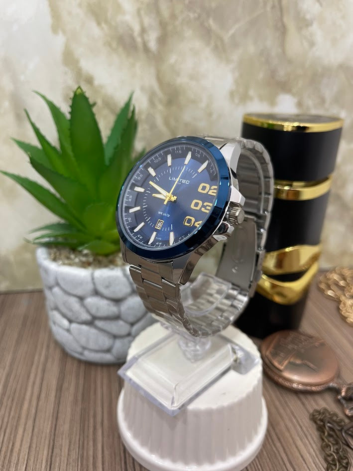 RELOJ LIMITED CABALLERO PLATEADO ESFERA AZUL ARO AZUL