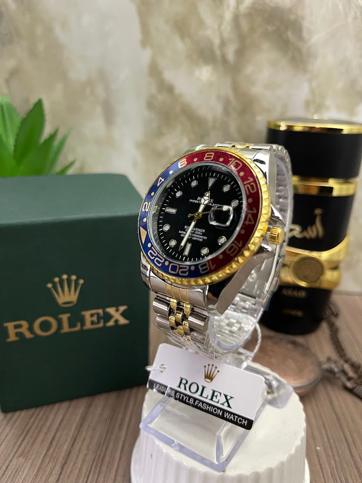 ROLEX BICOLOR METALICO PLATEADO FONDO NEGRO ARO ROJO AZUL