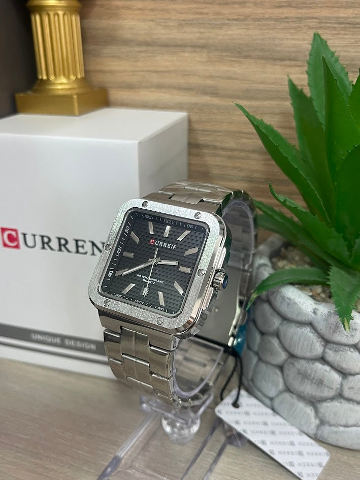 RELOJ CURREN PLATEADO CUADRADO FONDO NEGRO CON CALENDARIO