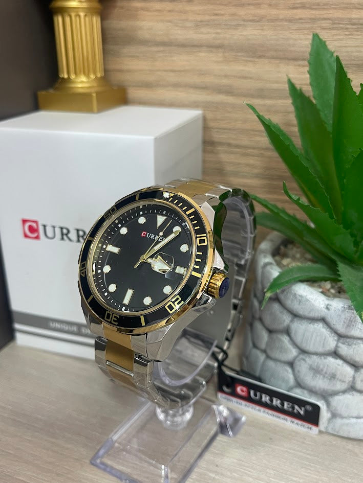 RELOJ CURREN BICOLOR ARO NEGRO FONDO NEGRO CON CALENDARIO