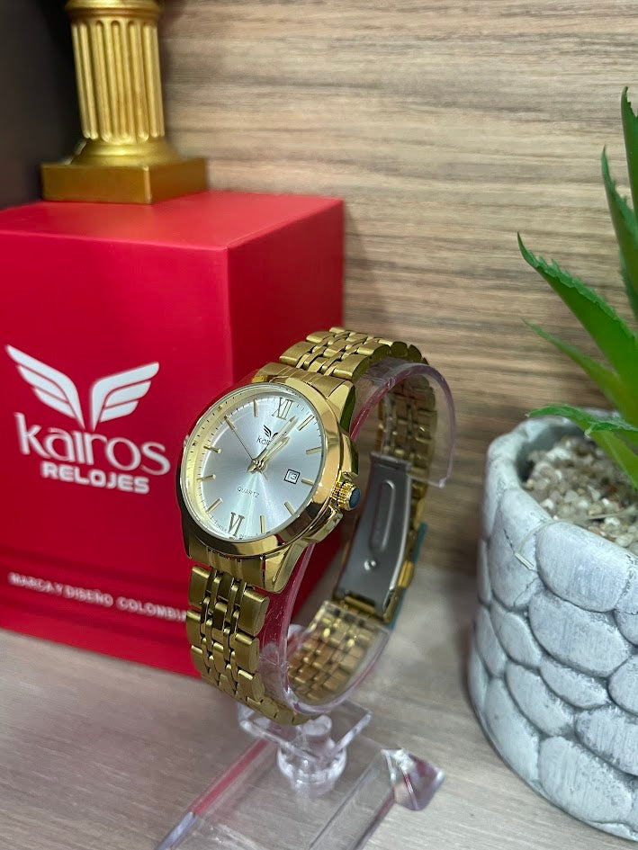 RELOJ KAIROS DAMA DORADO FONDO PLATEADO CON CALENDARIO