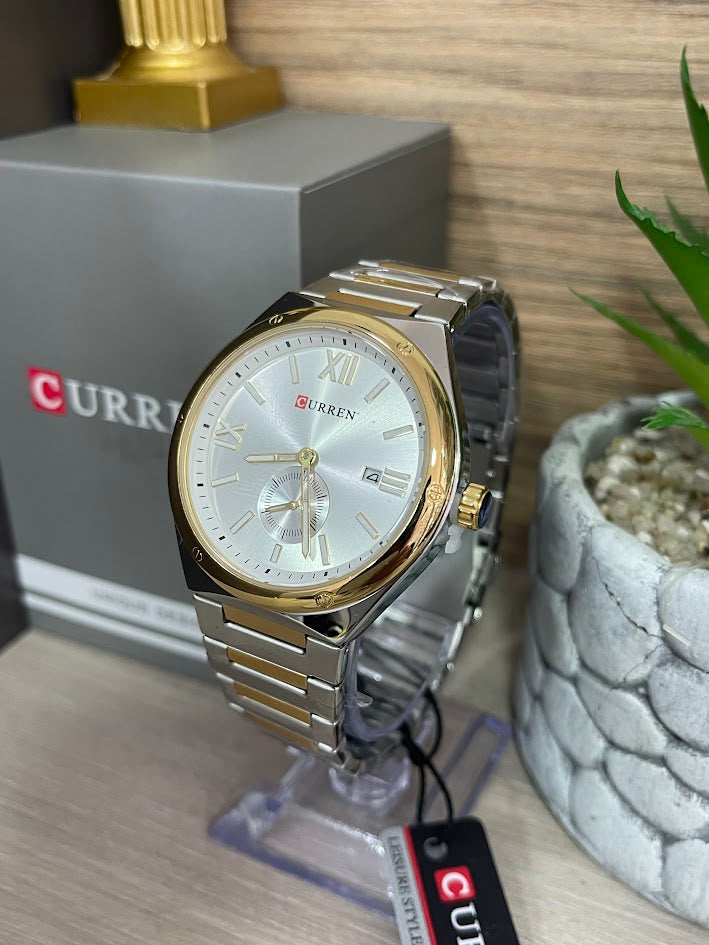 RELOJ CURREN CABALLERO BICOLOR ESFERA BLANCA ELEGANTE