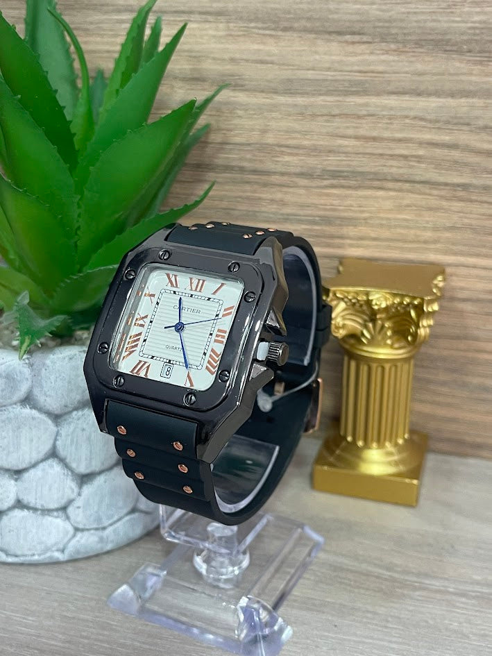 RELOJ CARTIER CABALLERO NEGRO MANILLA DE SILICONA NEGRA DETALLES ORO ROSA CON CALENDARIO