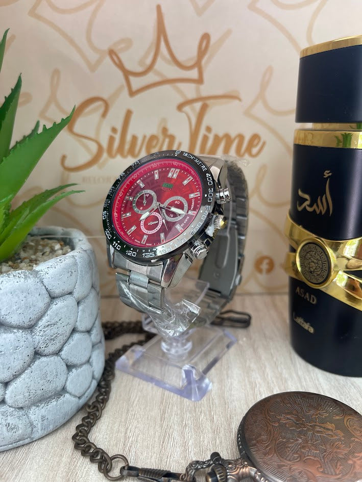 RELOJ CABALLERO CARRERA PLATEADO FONDO ROJO