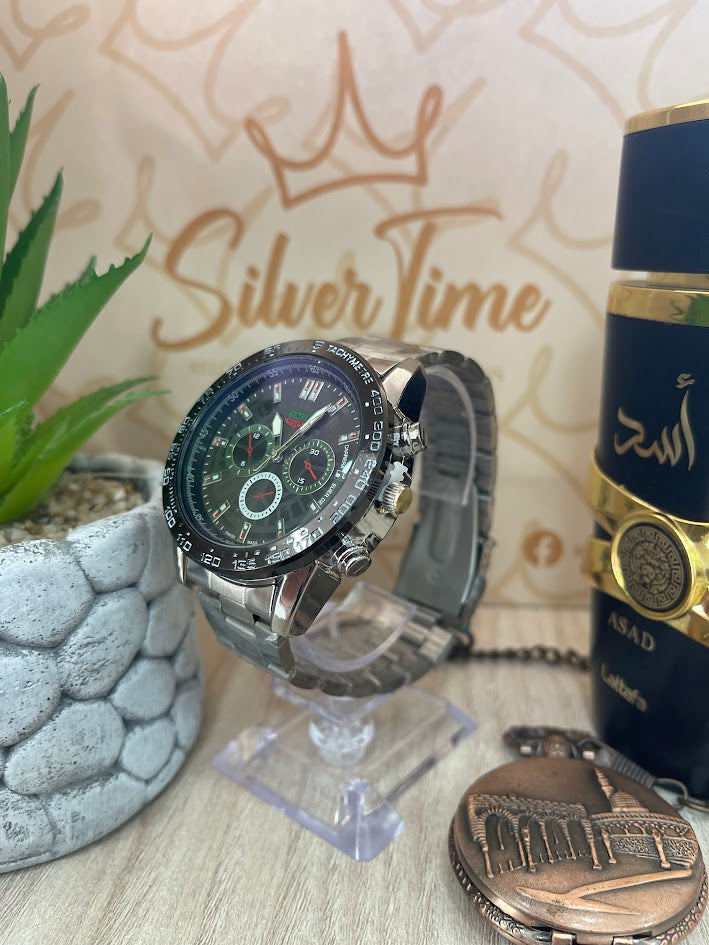 RELOJ CABALLERO CARRERA PLATEADO FONDO NEGRO VIDRIO TONASOL