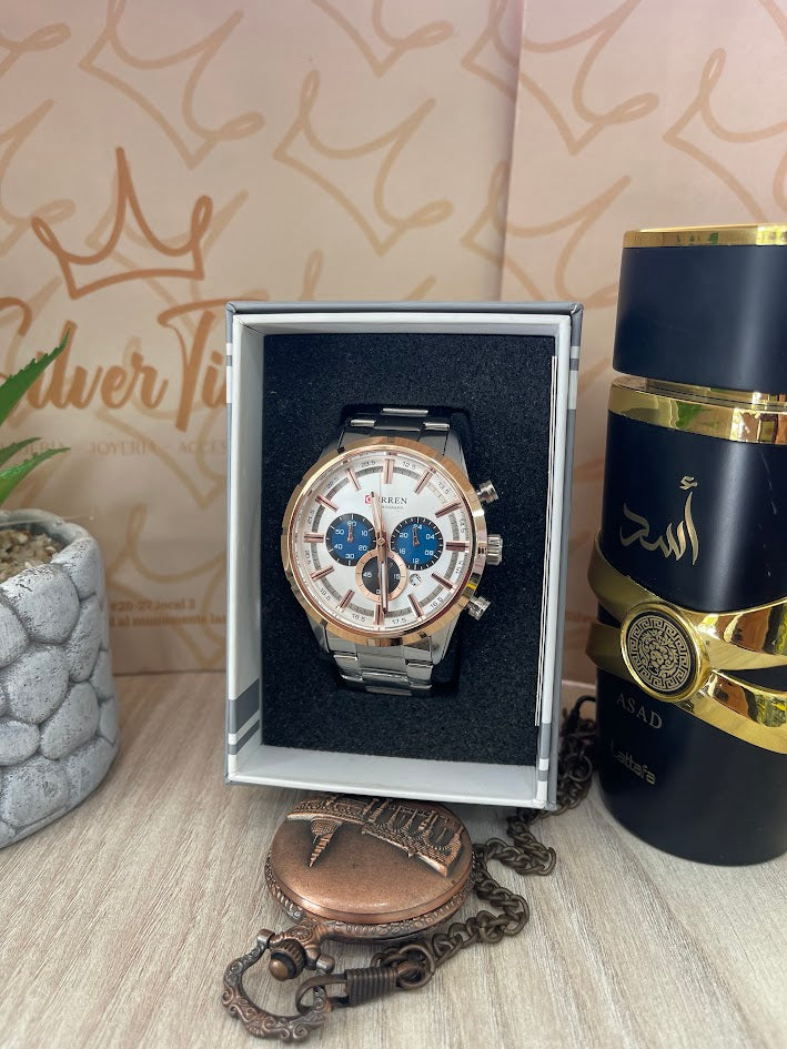 RELOJ CABALLERO CURREN PLATEADO ESFERA PLATEADA DETALLE ORO ROSA