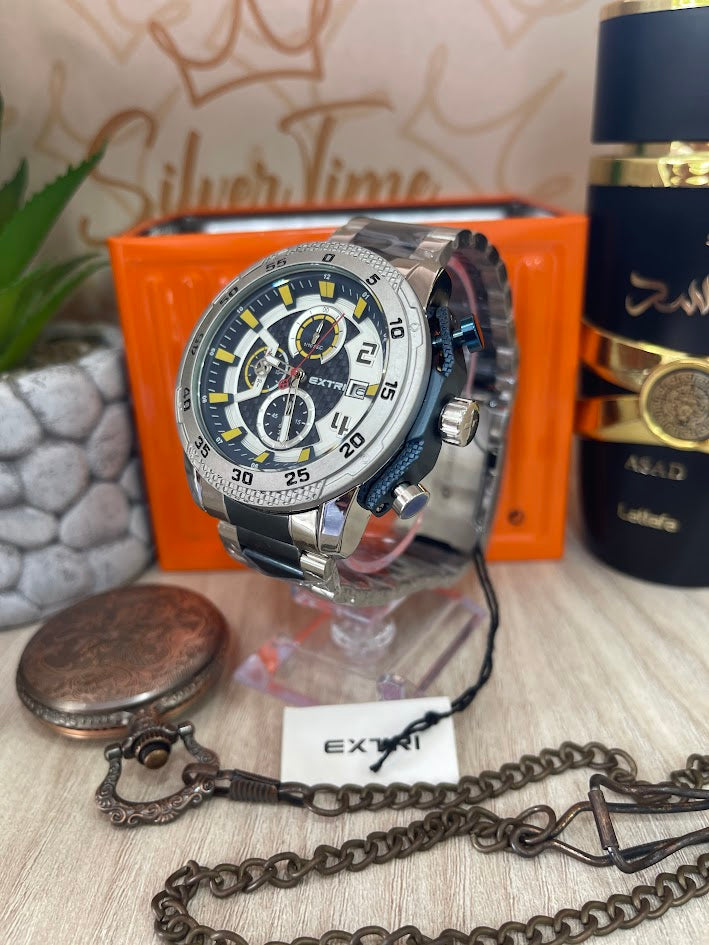 RELOJ HOMBRE EXTRI PLATEADO Y AZUL CON DETALLES AMARILLOS