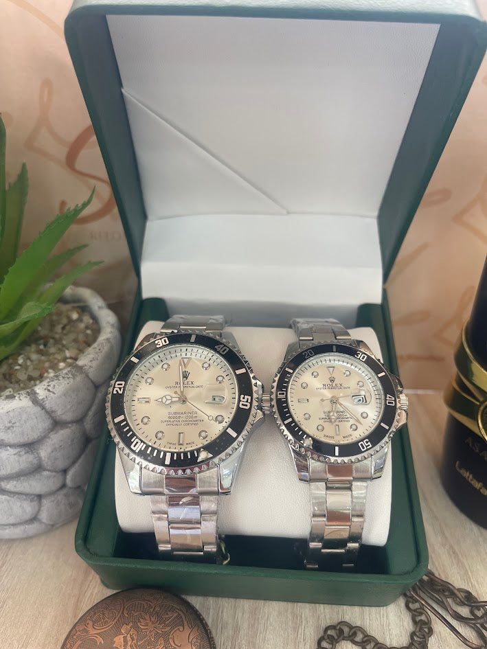 COMBO PAREJA ROLEX PLATEADO ARO NEGRO