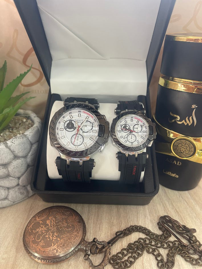 COMBO PAREJA TISSOT NEGRO Y PLATEADO ESFERA BLANCA