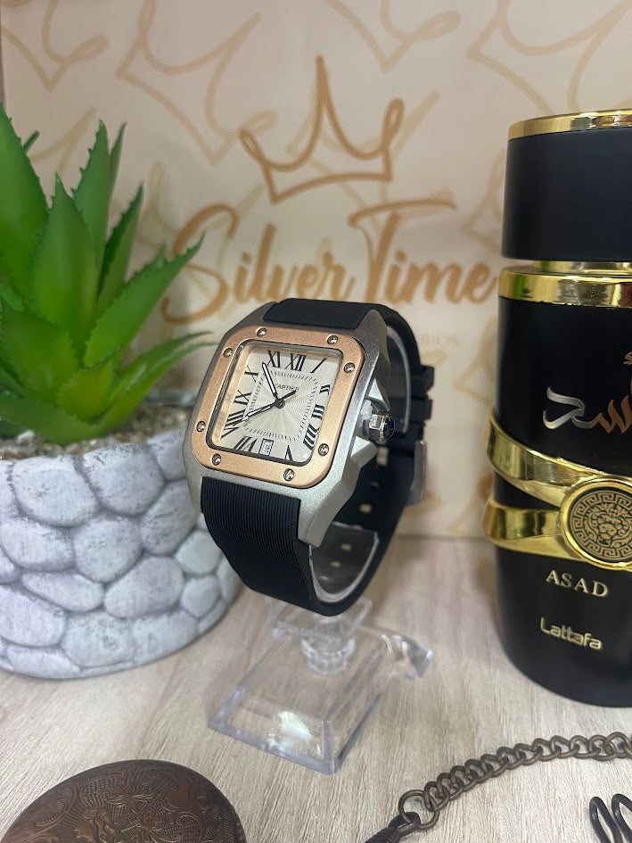 RELOJ CARTIER PLATEADO CON DETALLE ORO ROSA MANILLA NEGRA