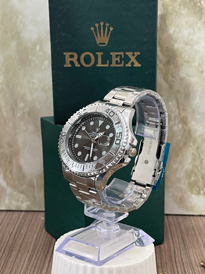 ROLEX PLATEADO ARO PLATEADO ESFERA NEGRA INCLUYE CAJAA