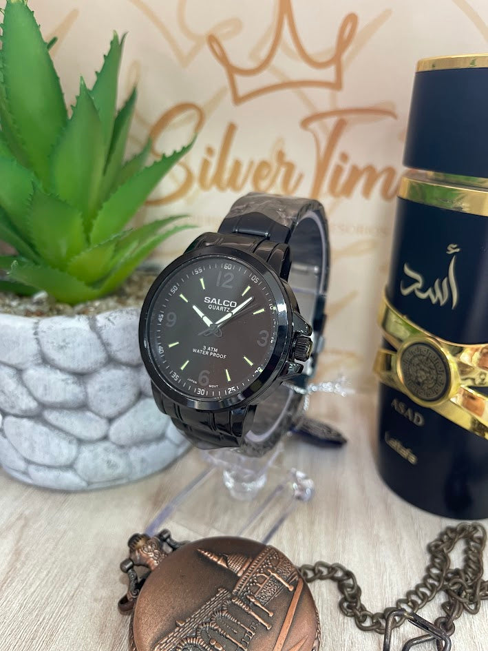 RELOJ CABALLERO SALCO TODO NEGRO DETALLES VERDES