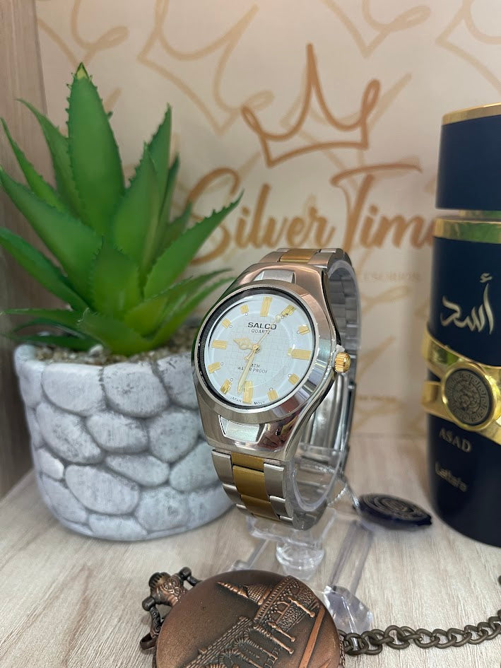 RELOJ SALCO CABALLERO BICOLOR ESFERA BLANCA DETALLES BLANCOS