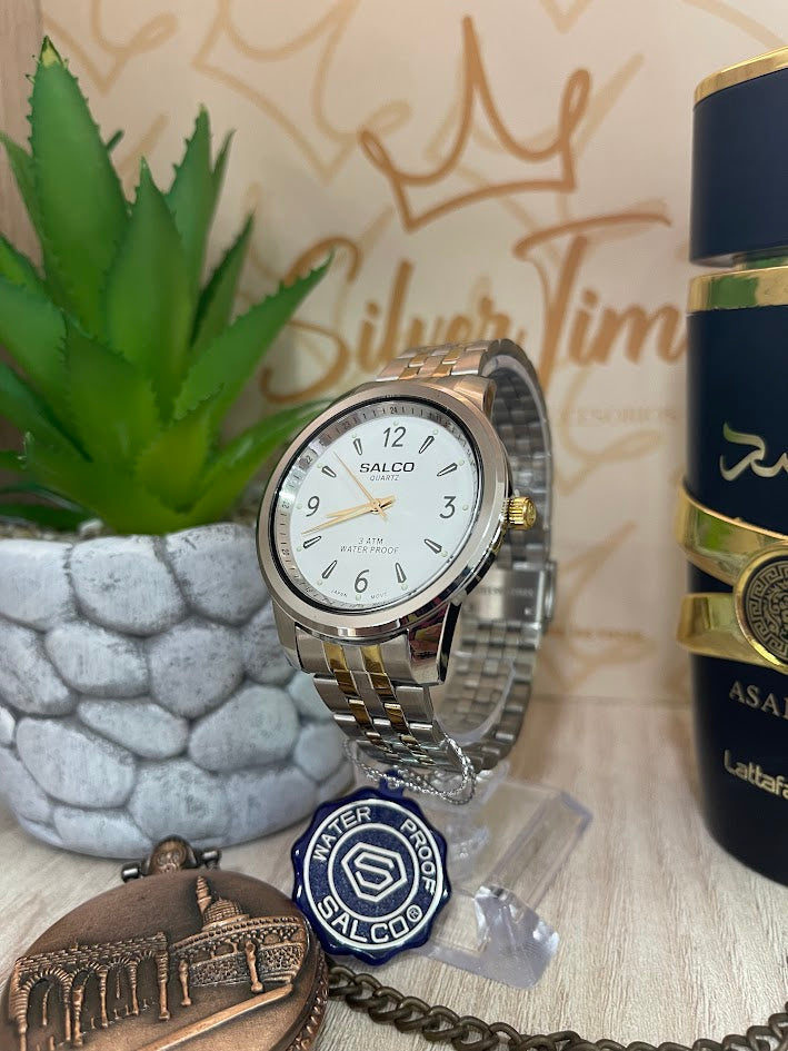 RELOJ SALCO BICOLOR ESFERA BLANCA MANILLA TRENZADA