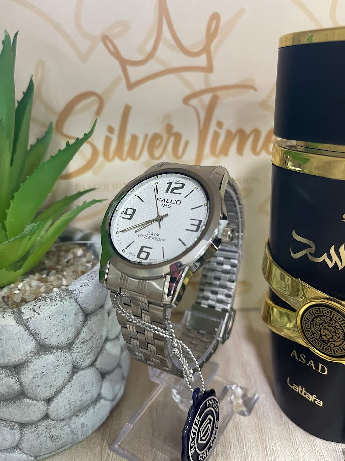 RELOJ SALCO PLATEADO FONDO BLANCO 4 NUMEROS