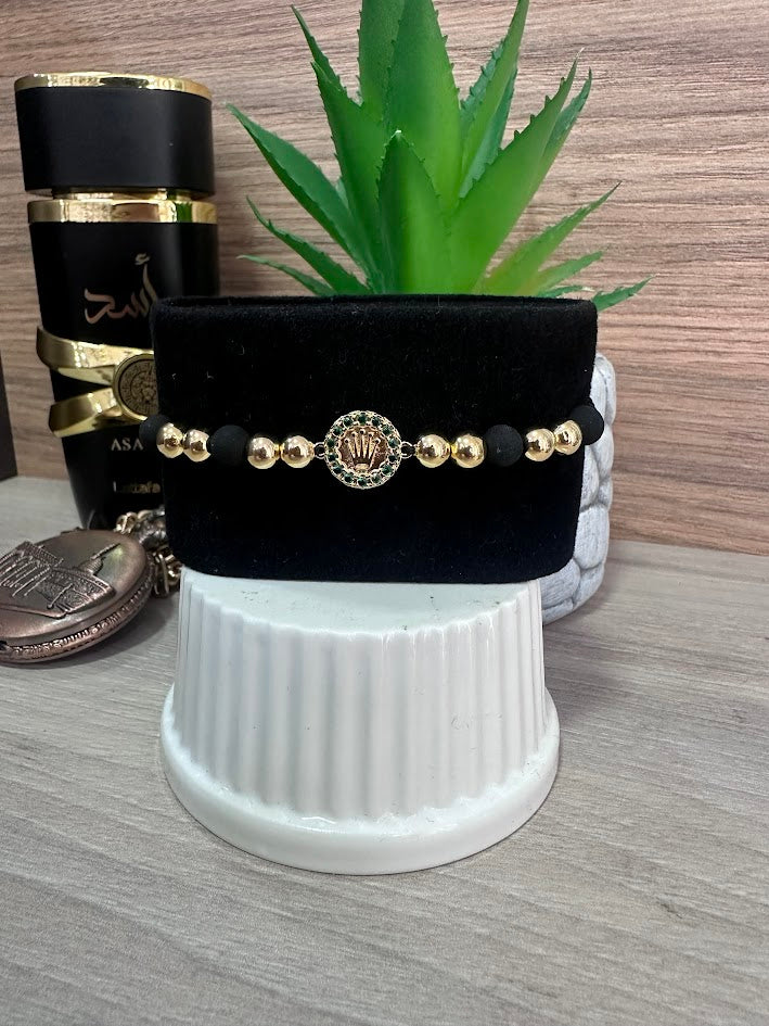 PULSERA NEOPRENO NEGRA 6MM CON DETALLE VERDE ORO LAMINADO