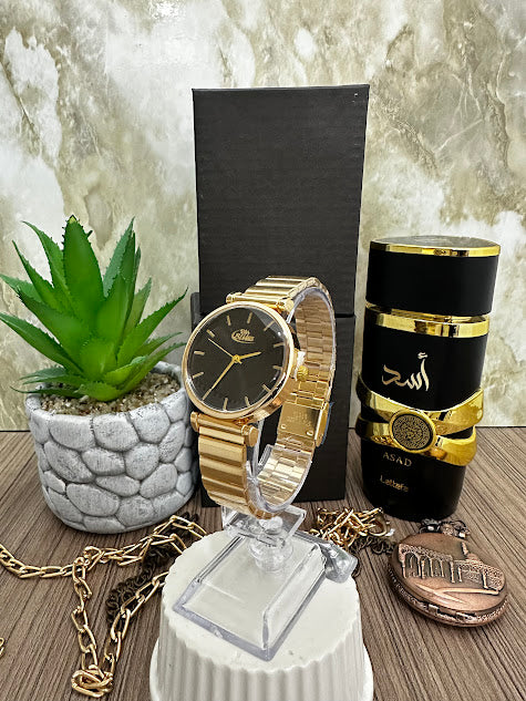 RELOJ BLU DAMA CIRCULAR DORADO ESFERA NEGRA