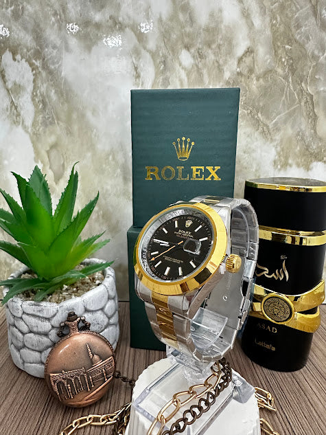 ROLEX MANILLA BICOLOR ESFERA NEGRA ARO DORADO