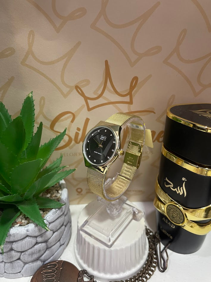 RELOJ QYQ DORADO ESFERA GRIS DE MALLA