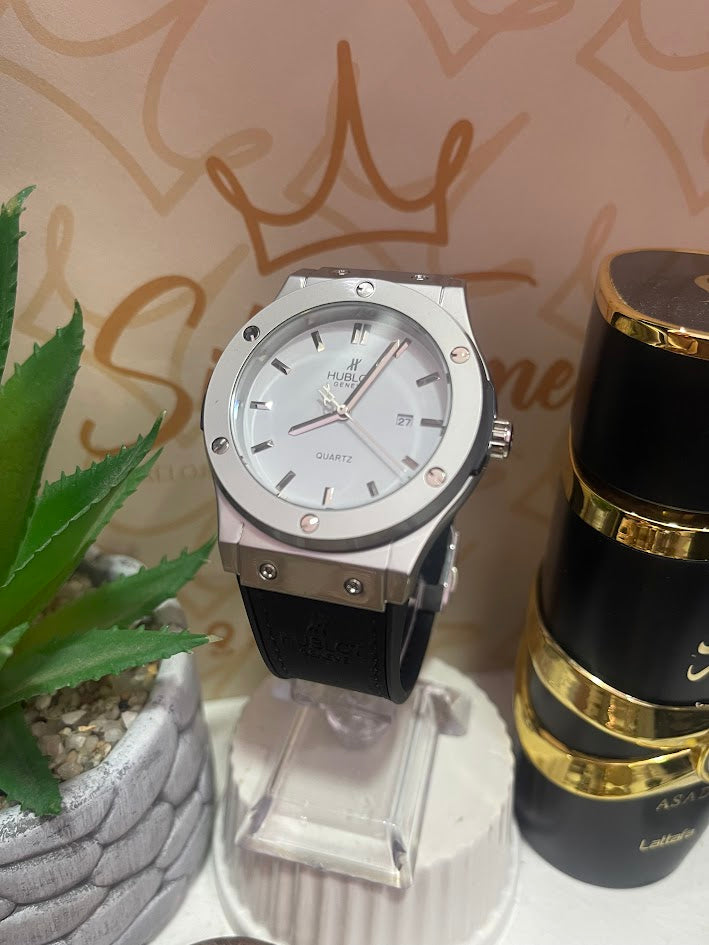 RELOJ HUBLOT PLATEADO MANILLA SILICONA NEGRA