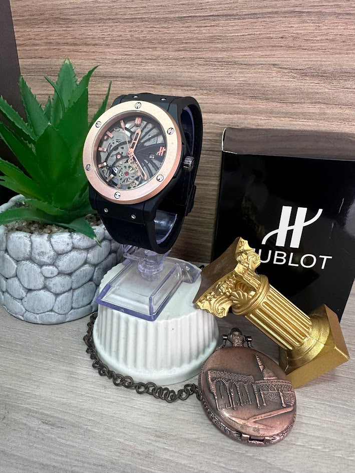 RELOJ HUBLOT NEGRO ESFERA TRIBAL ARO PALO ROSA MANILLA CILICONA NEGRA