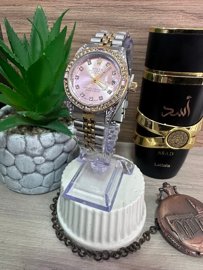 RELOJ ROLEX DAMA BICOLOR ESFERA ROSA ARO DIAMANTADO