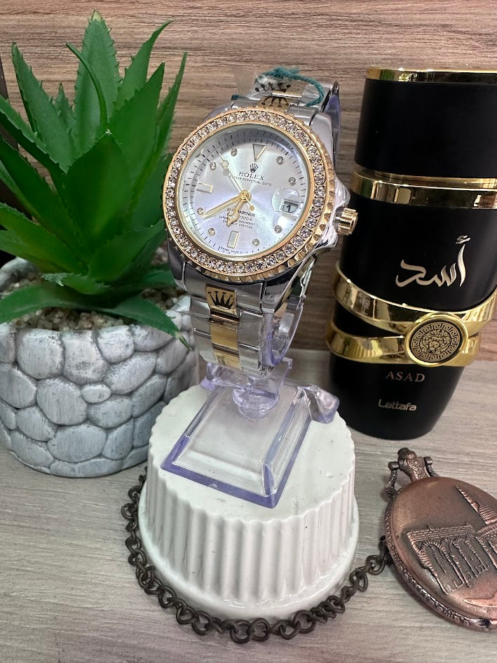 RELOJ ROLEX DAMA BICOLOR ESFERA PLATEADA ARO DIAMANTADO
