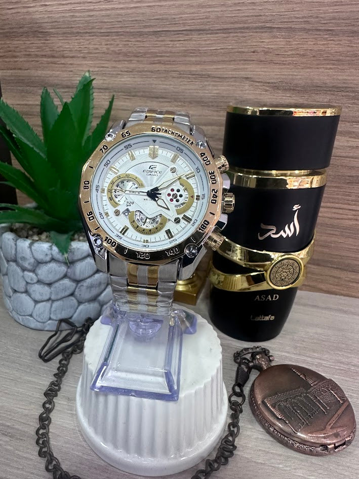 RELOJ CASIO EDIFICE BICOLOR ESFERA BLANCA ARO DORADO