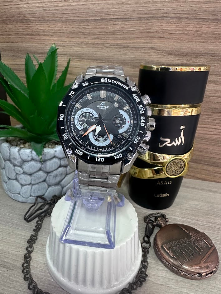 RELOJ CASIO EDIFICE PLATEADO ESFERA NEGRA ARO NEGRO