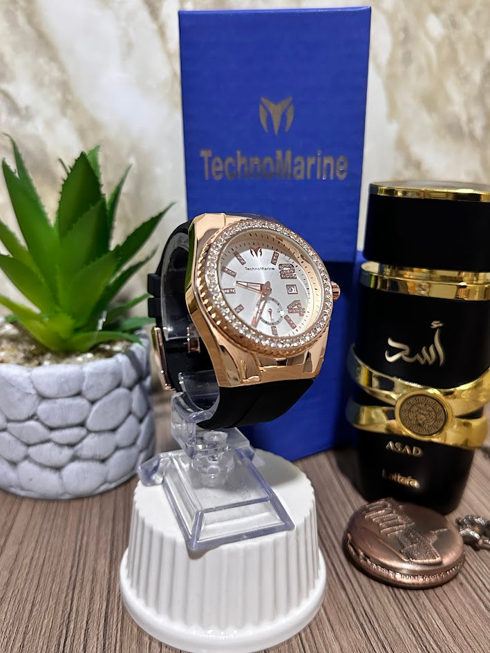 Technomarine Oro Rosa Diamantado Manilla Silicona Negra