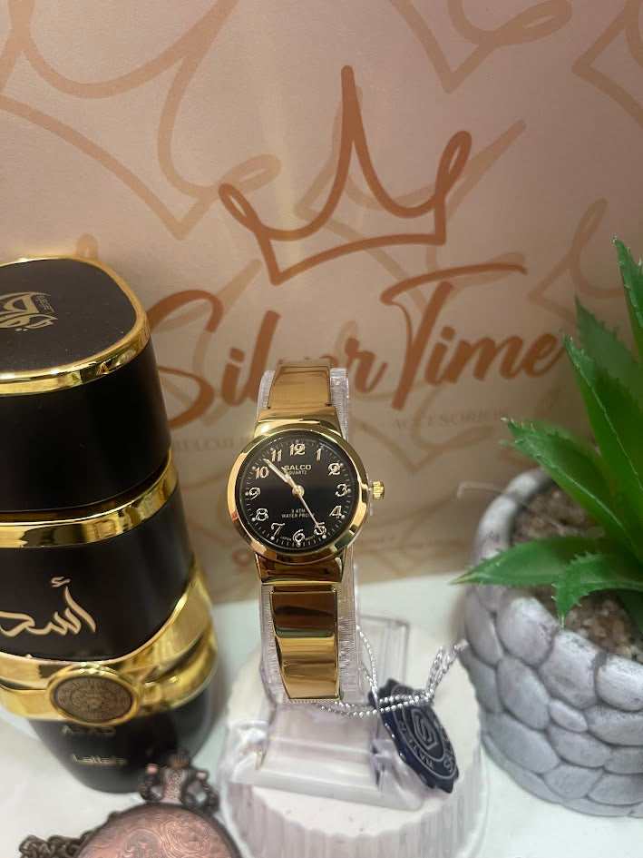 RELOJ SALCO DAMA DORADO ESFERA NEGRA