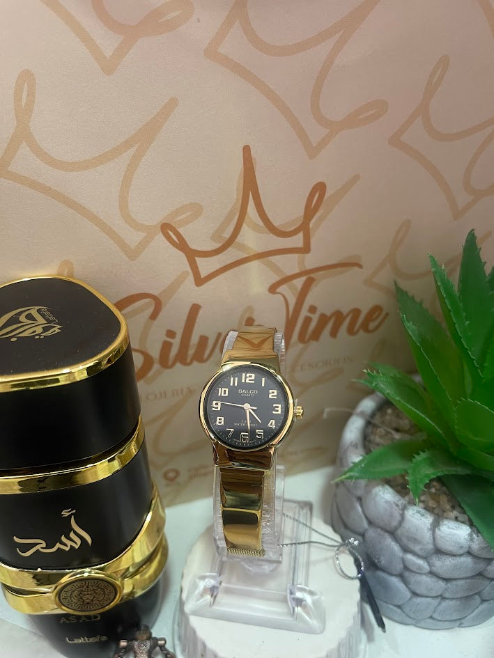 RELOJ SALCO DAMA DORADO ESFERA NEGRA JM