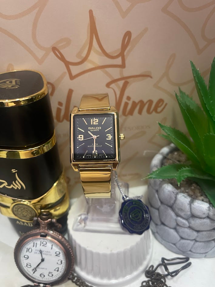 RELOJ SALCO DORADO CUADRADO ESFERA NEGRA JM