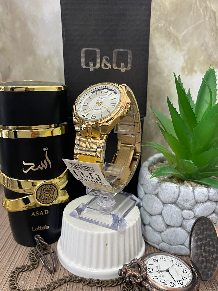 RELOJ QYQ CABALLERO DORADO DETALLES BICOLOR