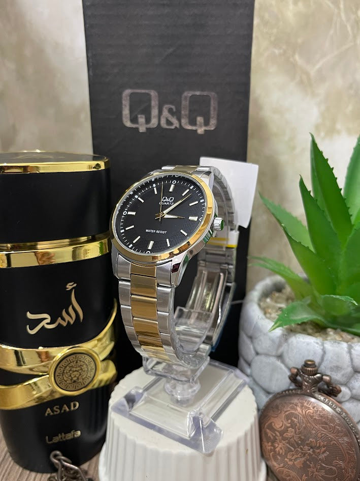 RELOJ QYQ CABALLERO BICOLOR DETALLES CIRCULARES