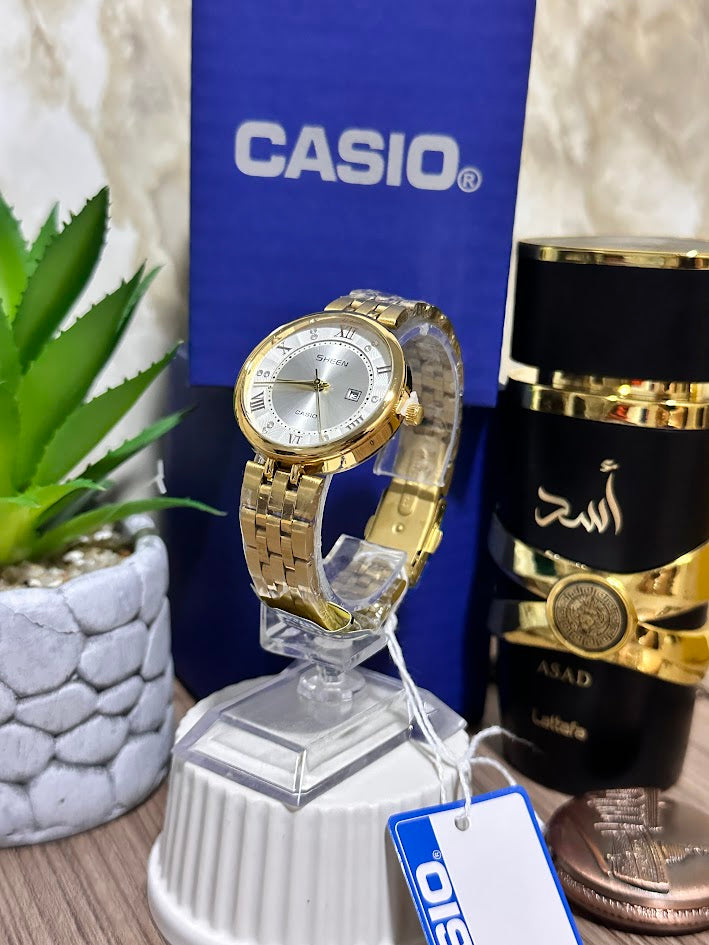 Casio Dama Dorado Esfera Plateada Con Aro