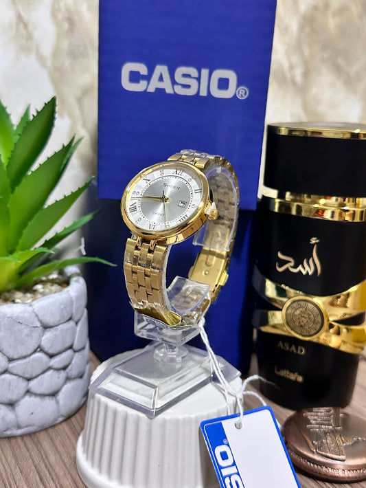 Casio Dama Dorado Esfera Plateada Con Aro
