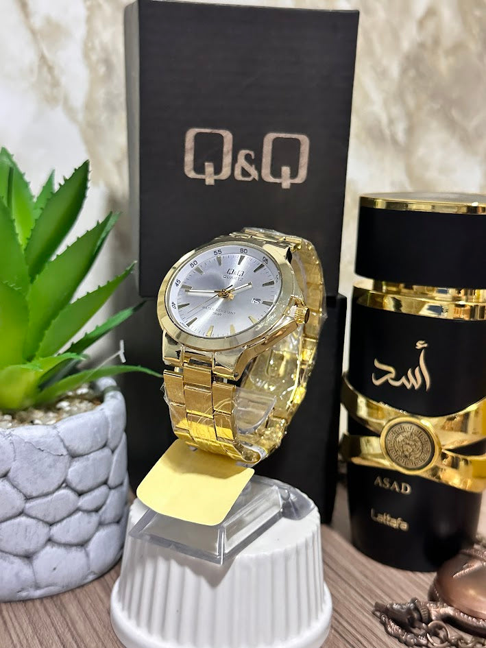 Q&Q DORADO ESFERA BLANCA CON CALENDARIO