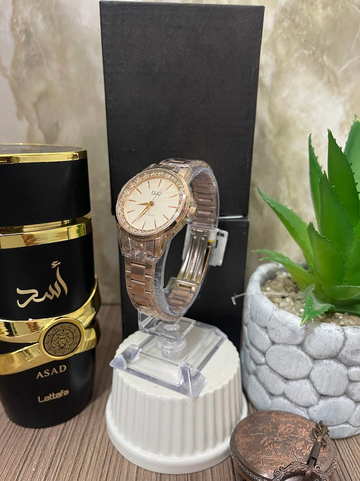 RELOJ QYQ DAMA ORO ROSA DETALLES EN PIEDRAS