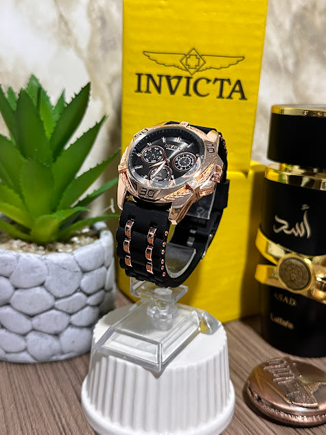 Invicta Oro rosa Esfera Negra Manilla Silicona Negra