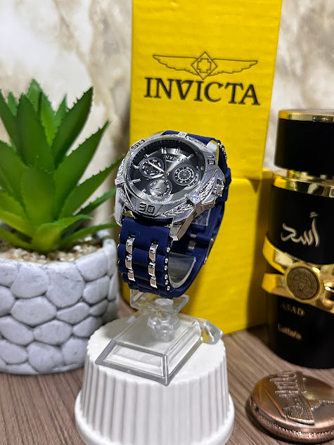 Invicta Plateado Esfera Negra Manilla Silicona Azul