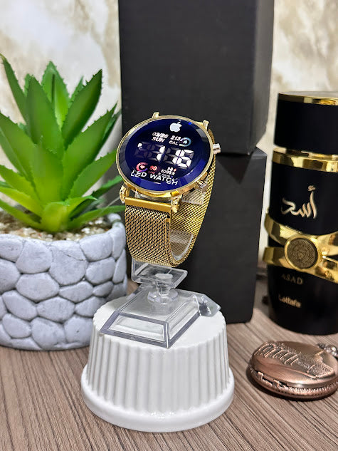 RELOJ DIGITAL TIPO APPLE DORADO REDONDO - VARIOS