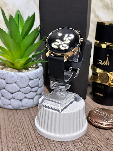 RELOJ DORADO DIGITAL REDONDO MANILLA NEGRA - VARIADOS