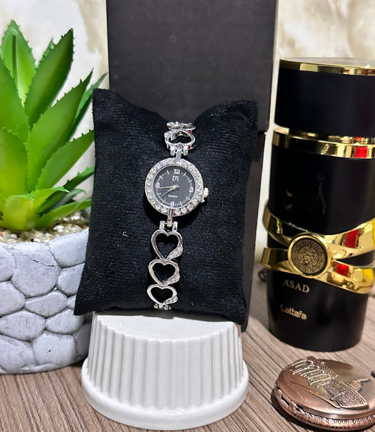 RELOJ JOYITAS PLATEADO DIAMANTADO ESFERA NEGRA- VARIADOS