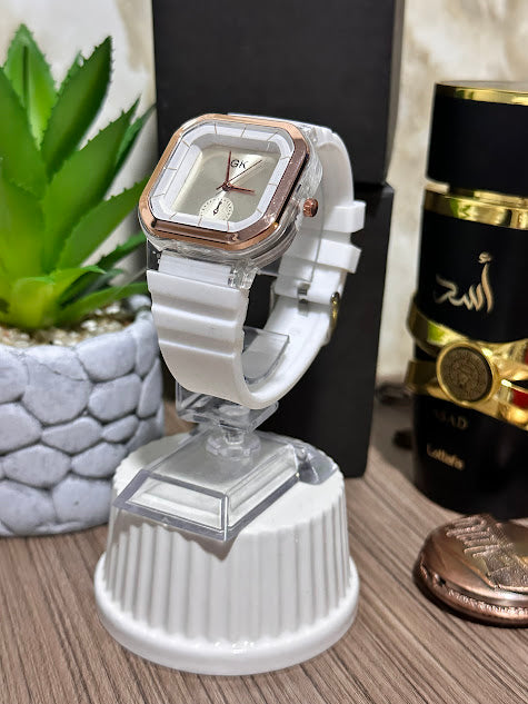 RELOJ ORO ROSA ESFERA PLATEADA MANILLA SILICONA BLANCA - VARIADOS