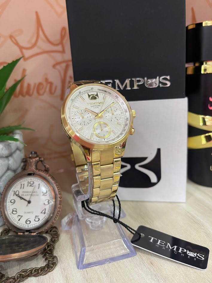 RELOJ TEMPUS DAMA DORADO CON LINDOS DETALLES PLATEADOS