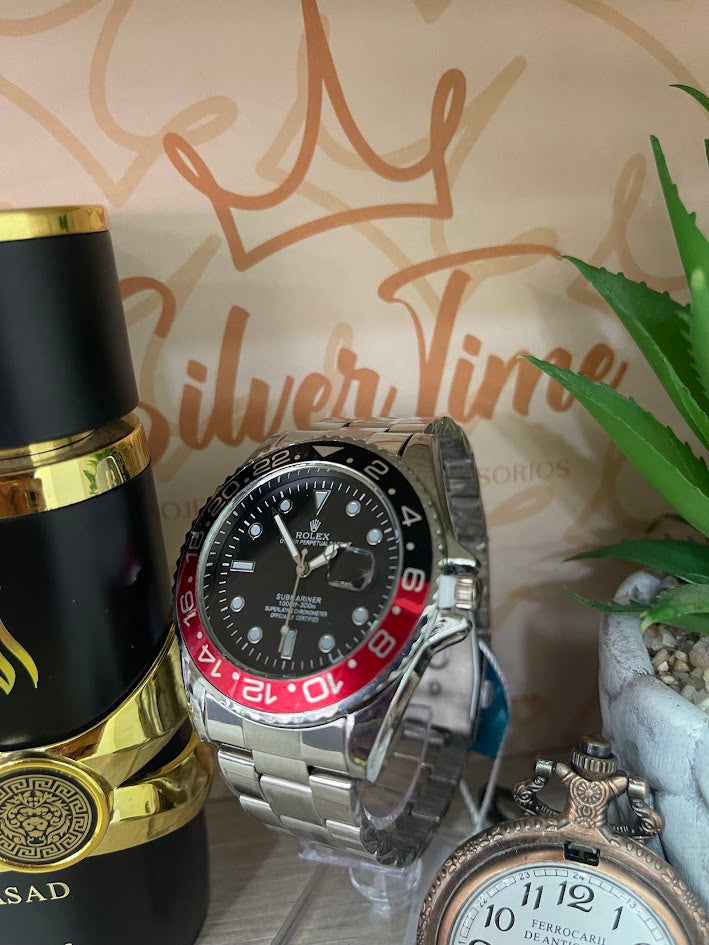 RELOJ ROLEX PLATEADO ARO CON DETALLES ROJO Y NEGRO