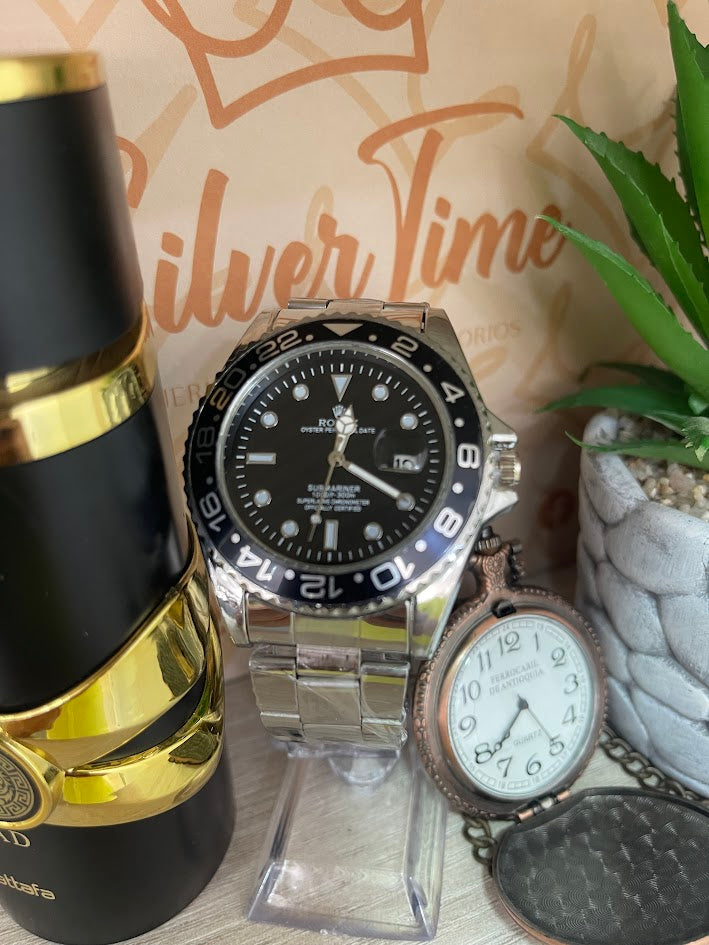 RELOJ ROLEX CABALLERO PLATEADO DETALLES NEGROS